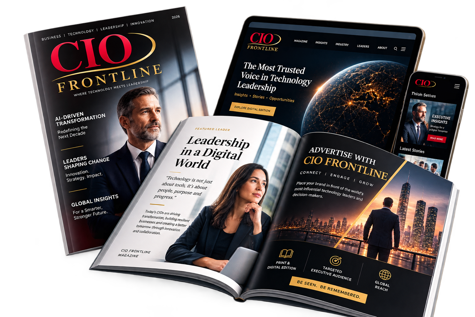 CIO Frontline magazine open spread with digital tablet edition behind it — premium advertising showcase
